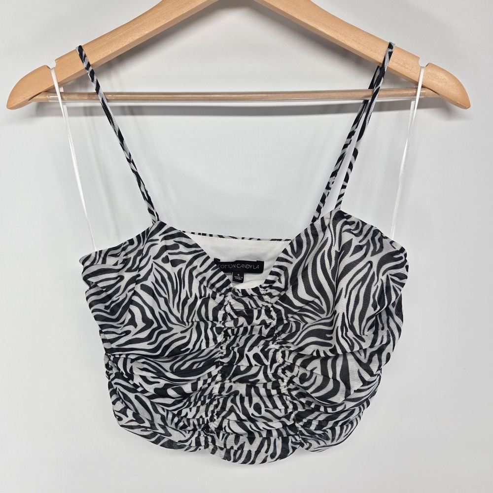 Cotton Candy LA Crop Top WomensSmall Black White Zebra Ruched Mesh Festival Rave